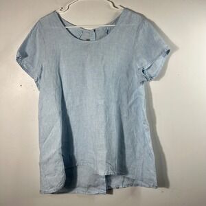 Womens Flax Short Sleeve Linen Tunic Button Back S Light Blue Hi Lo Hem